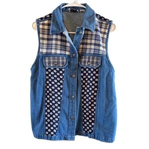 Vintage Denim Vest Size M Shelley & Arnold Mixed Media Patterned Western Cute